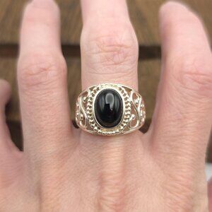 Size 10 Sterling Silver Black Onyx Fancy Stone Ring A1091